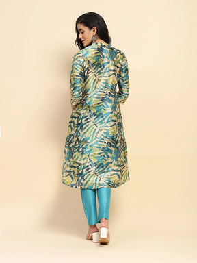 Turquoise Poly Silk Regular Fit Long Tunic Set For Women