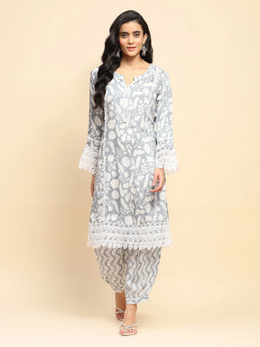 Grey And White Muslin Regular Fit Long Tunic Set For Women