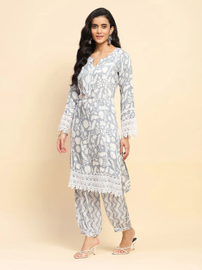 Grey And White Muslin Regular Fit Long Tunic Set For Women