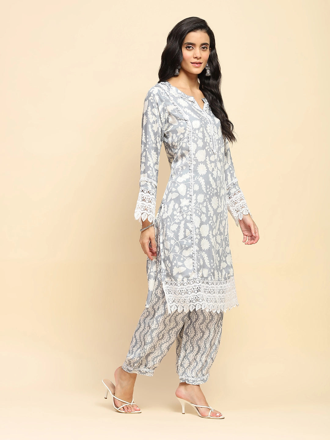 Grey And White Muslin Regular Fit Long Tunic Set For Women