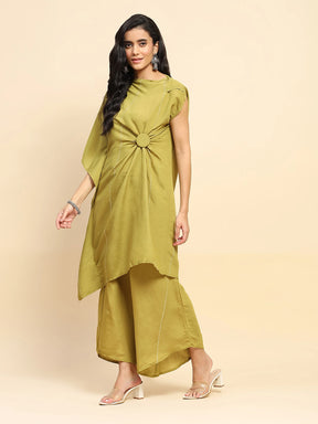 Olive Green Poly Satin Relaxed Fit Long Tunic Set For Women