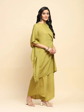 Olive Green Poly Satin Relaxed Fit Long Tunic Set For Women