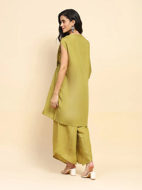 Olive Green Poly Satin Relaxed Fit Long Tunic Set For Women