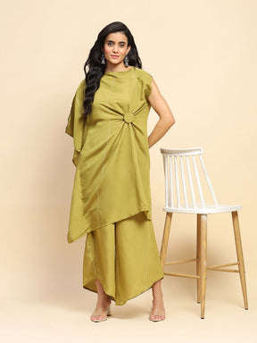 Olive Green Poly Satin Relaxed Fit Long Tunic Set For Women