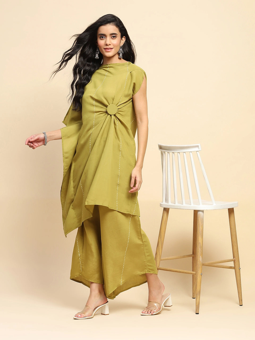 Olive Green Poly Satin Relaxed Fit Long Tunic Set For Women