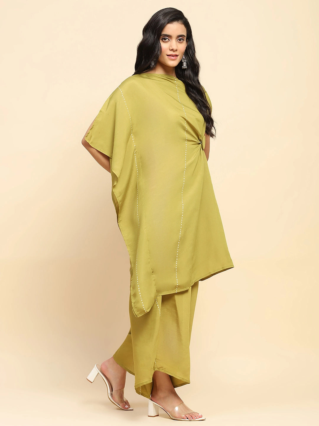 Olive Green Poly Satin Relaxed Fit Long Tunic Set For Women