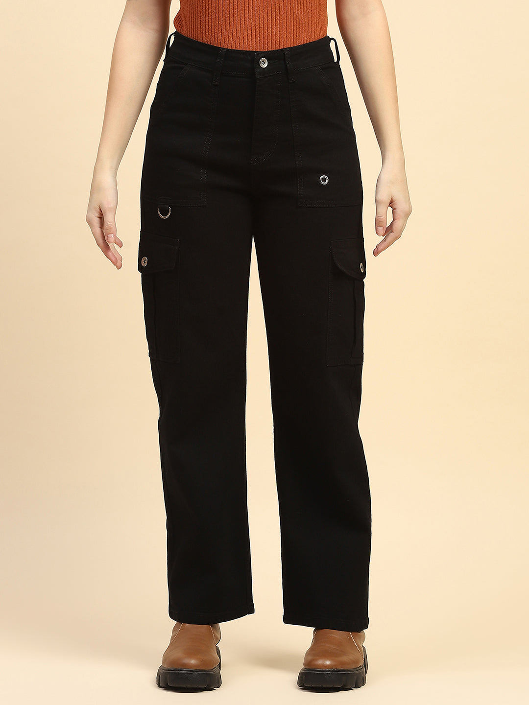 Jet Black Solid Cotton Blend Straight Fit Cargo