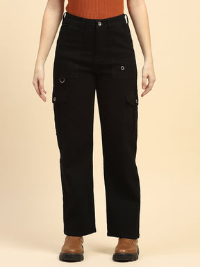 Jet Black Solid Cotton Blend Straight Fit Cargo