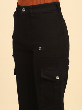 Jet Black Solid Cotton Blend Straight Fit Cargo