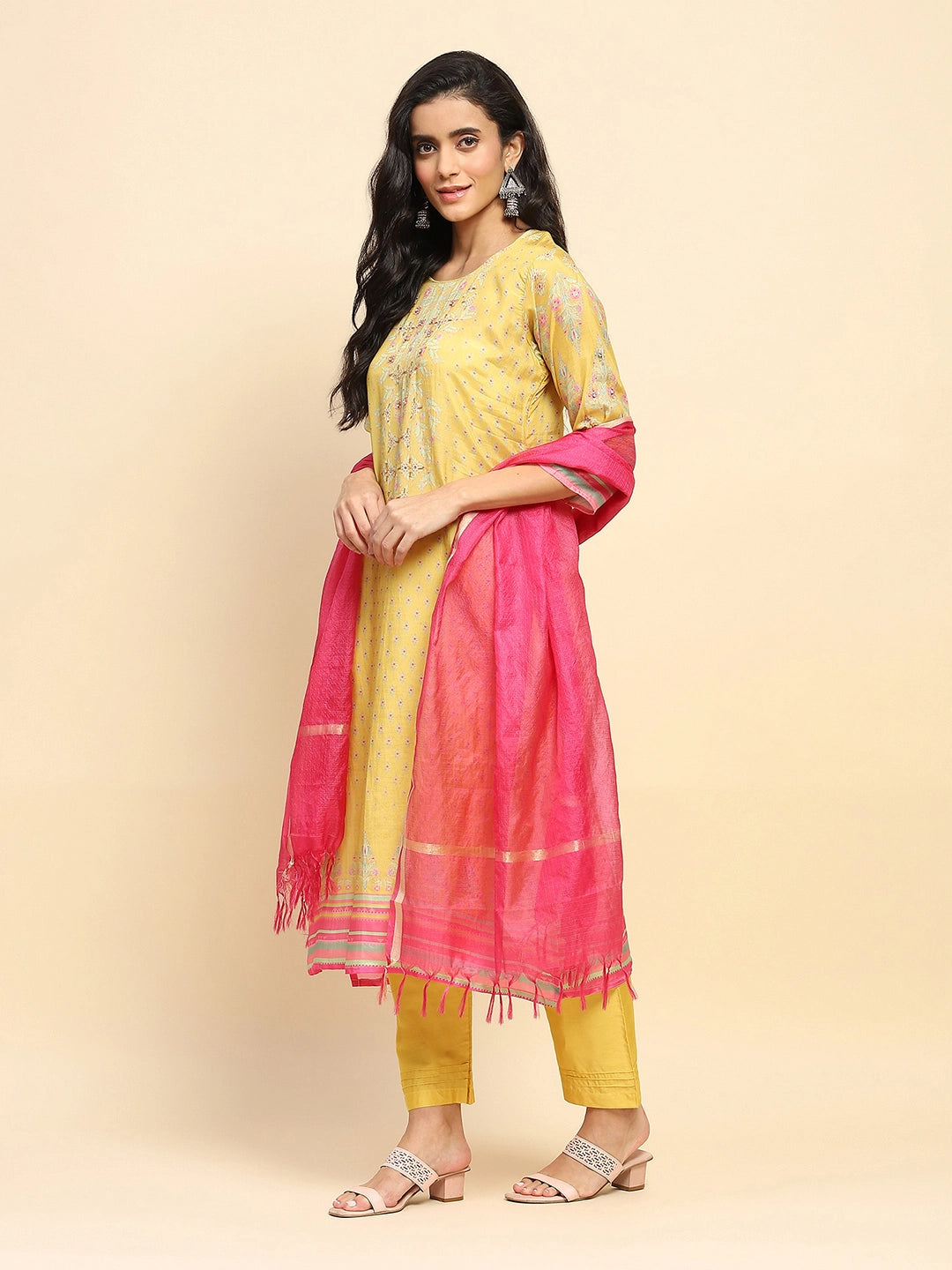 Yellow Muslin Regular Fit Suit Set For Women