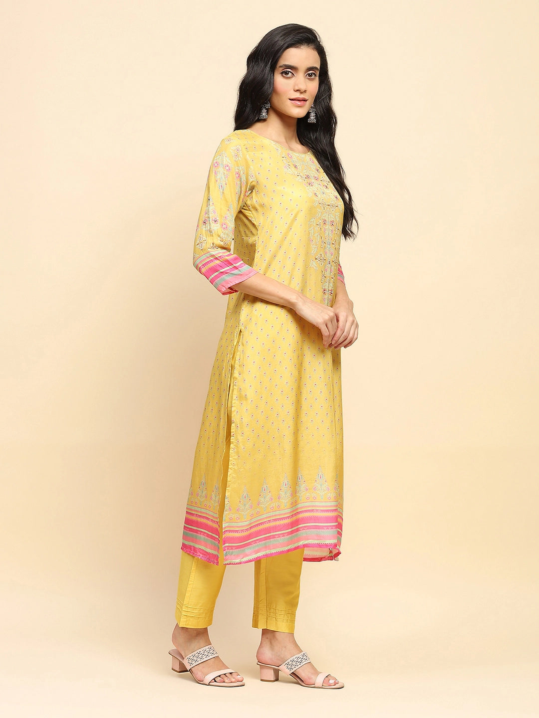 Yellow Muslin Regular Fit Suit Set For Women