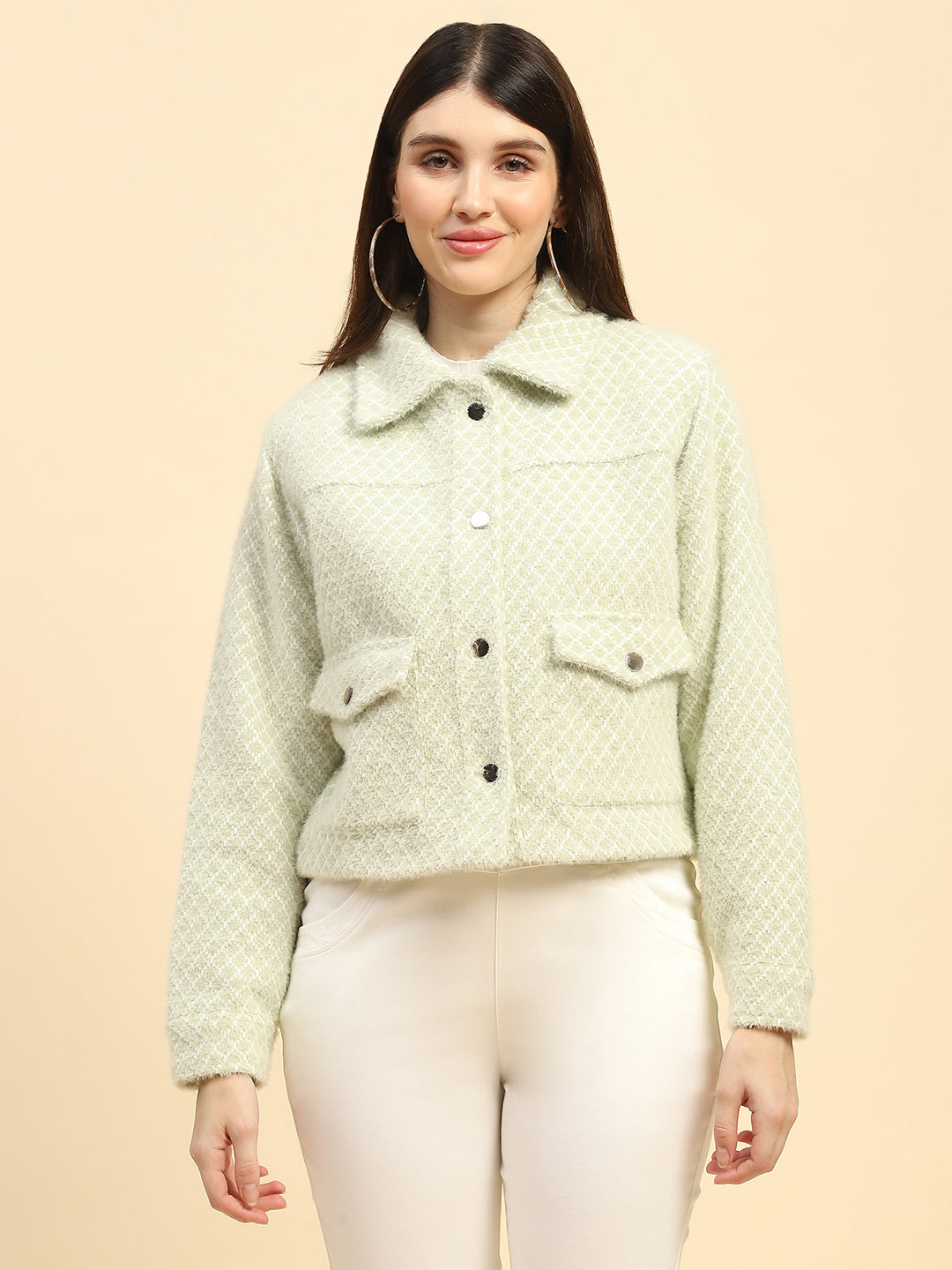 Basil Green Checkerd Poly Blend Relaxed Fit Jacket