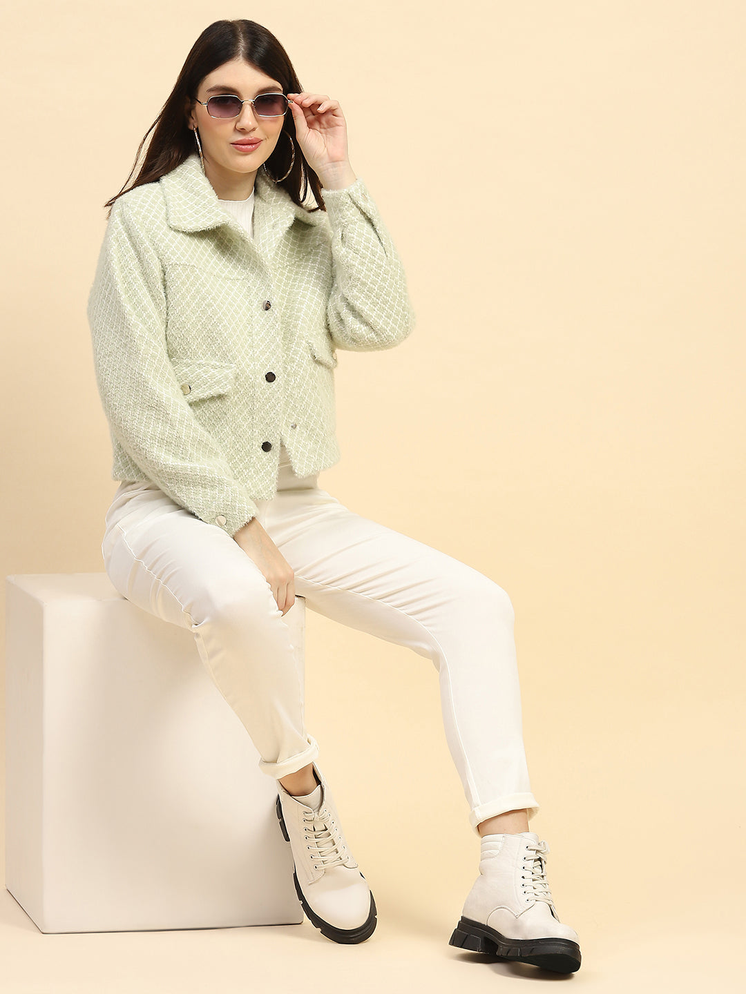 Basil Green Checkerd Poly Blend Relaxed Fit Jacket