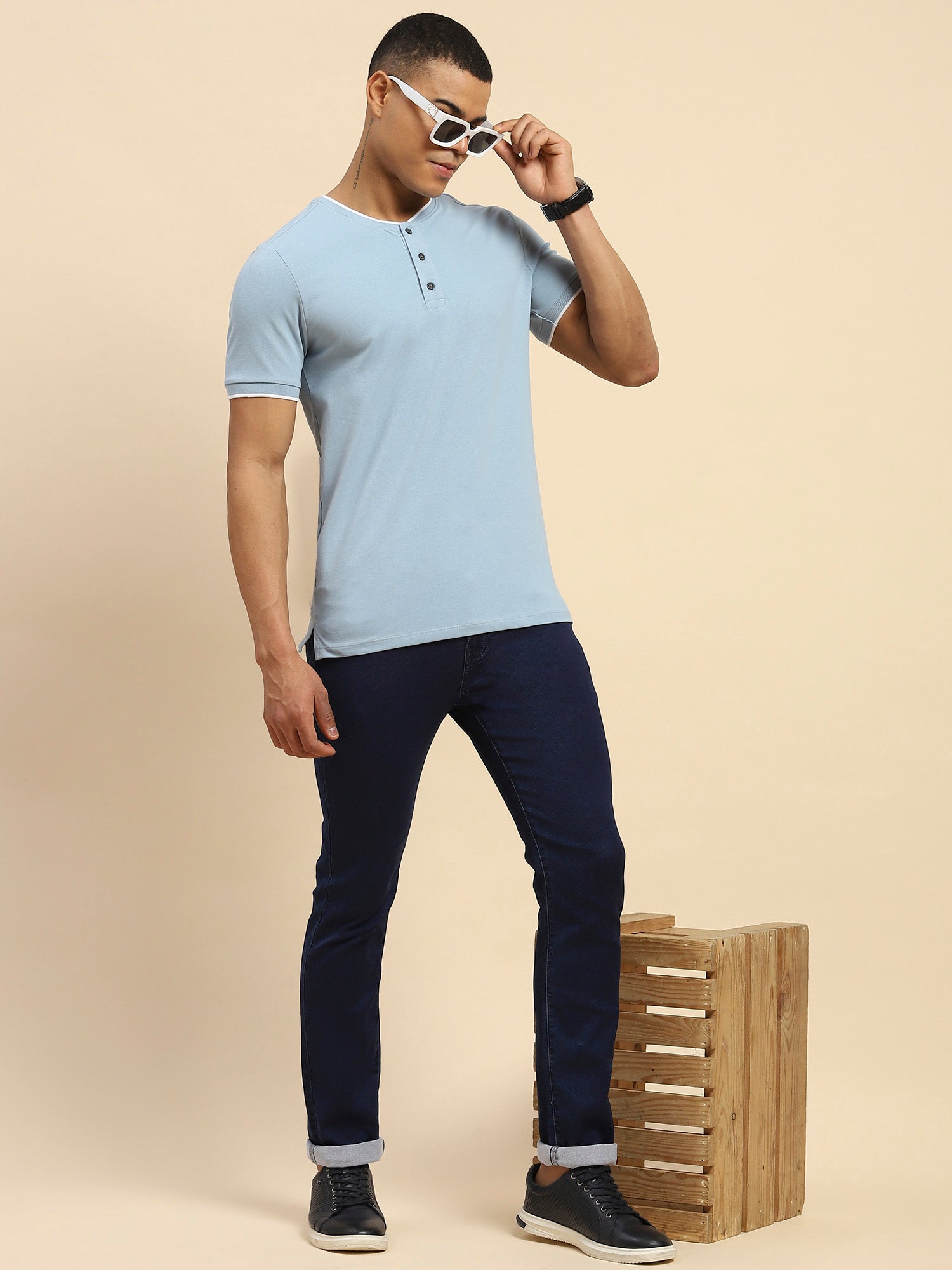 Dark Blue Cotton Blend Slim Fit Jeans For Men