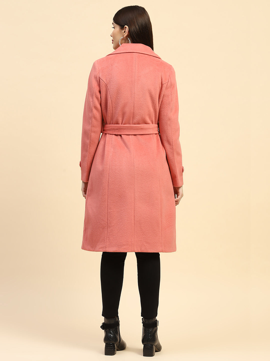 Hot Coral Solid Poly Blend Relaxed Fit Long Coat