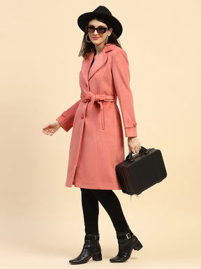 Hot Coral Solid Poly Blend Relaxed Fit Long Coat