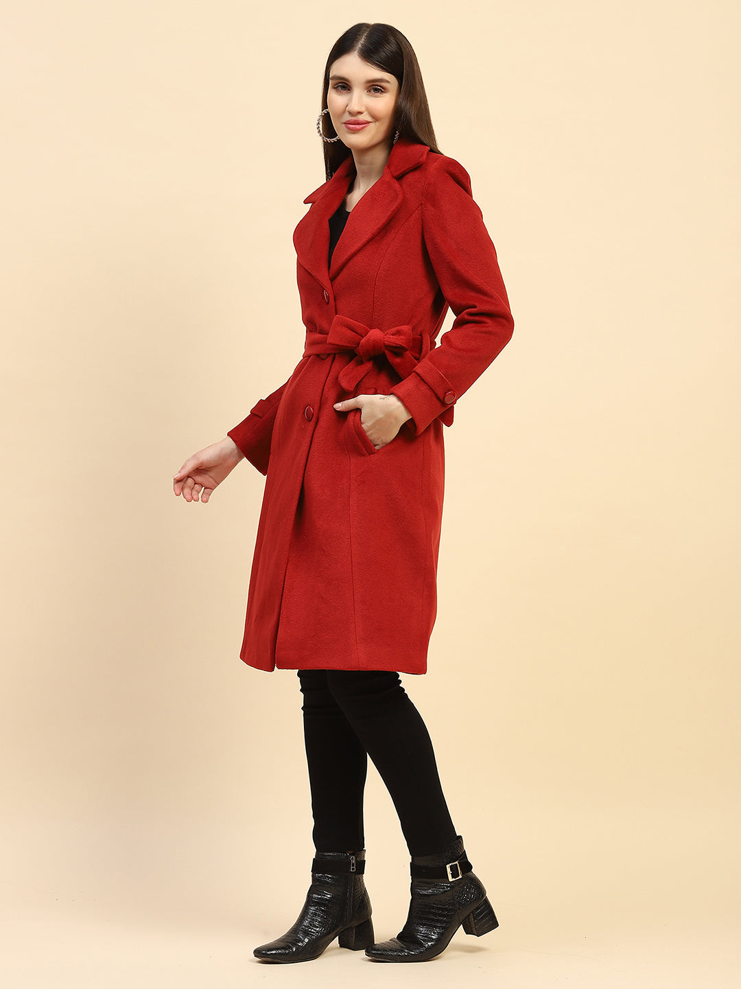 Maroon Solid Poly Blend Relaxed Fit Long Coat