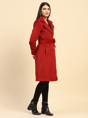 Maroon Solid Poly Blend Relaxed Fit Long Coat