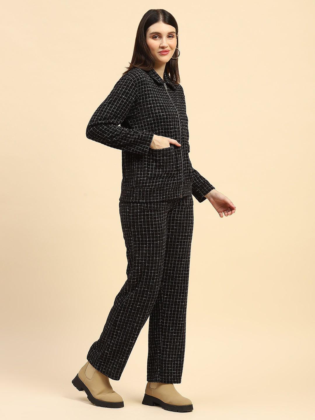 Black Checkerd Poly Blend Relaxed Fit Co ord Set