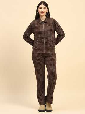 Coffee Checkered Poly Blend Relaxed Fit Co ord Set