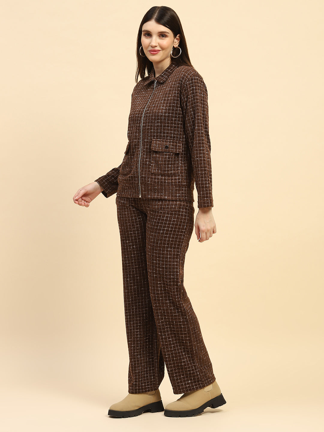 Coffee Checkered Poly Blend Relaxed Fit Co ord Set