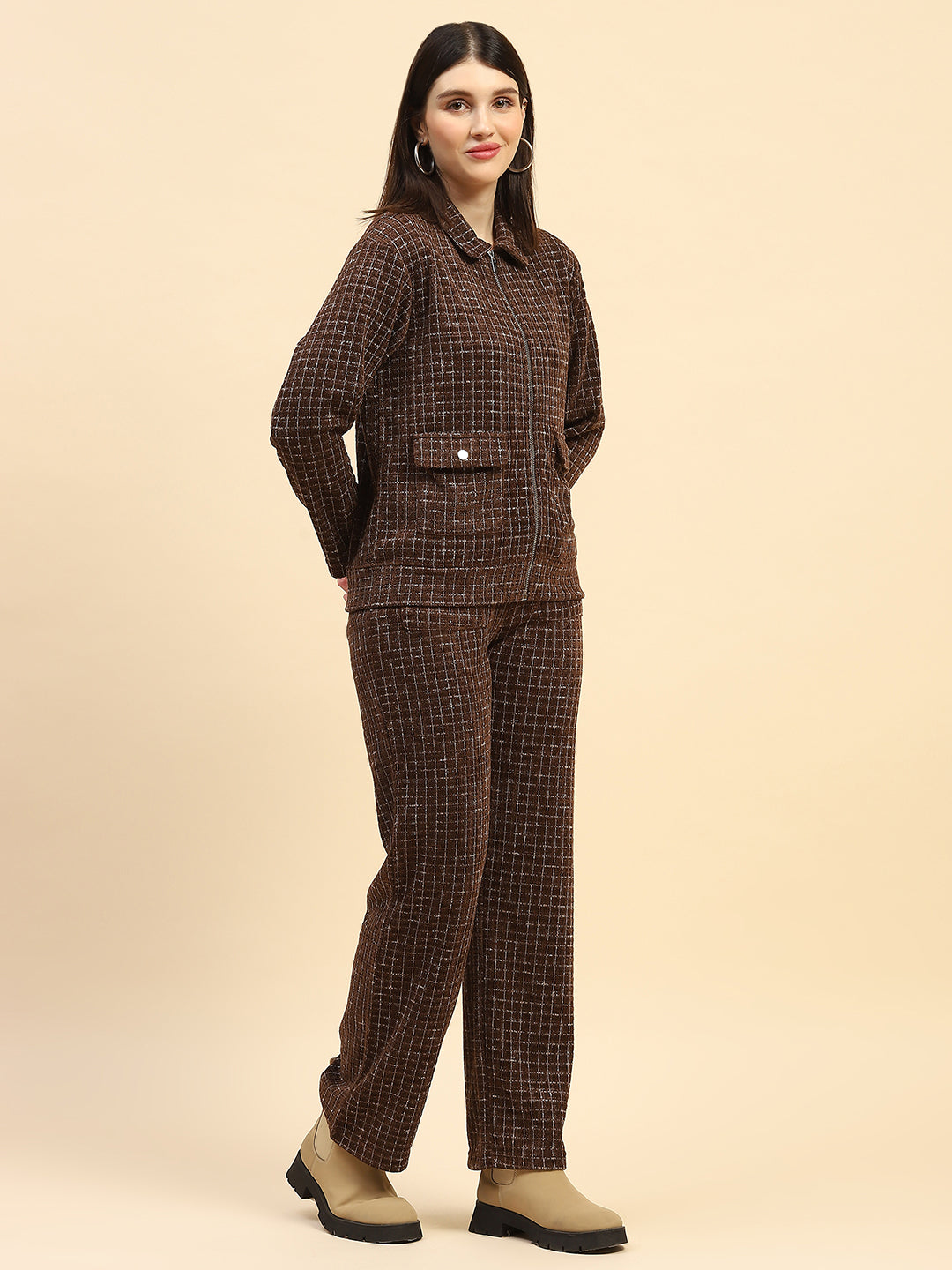 Coffee Checkerd Poly Blend Relaxed Fit Co ord Set