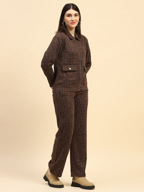 Coffee Checkered Poly Blend Relaxed Fit Co ord Set