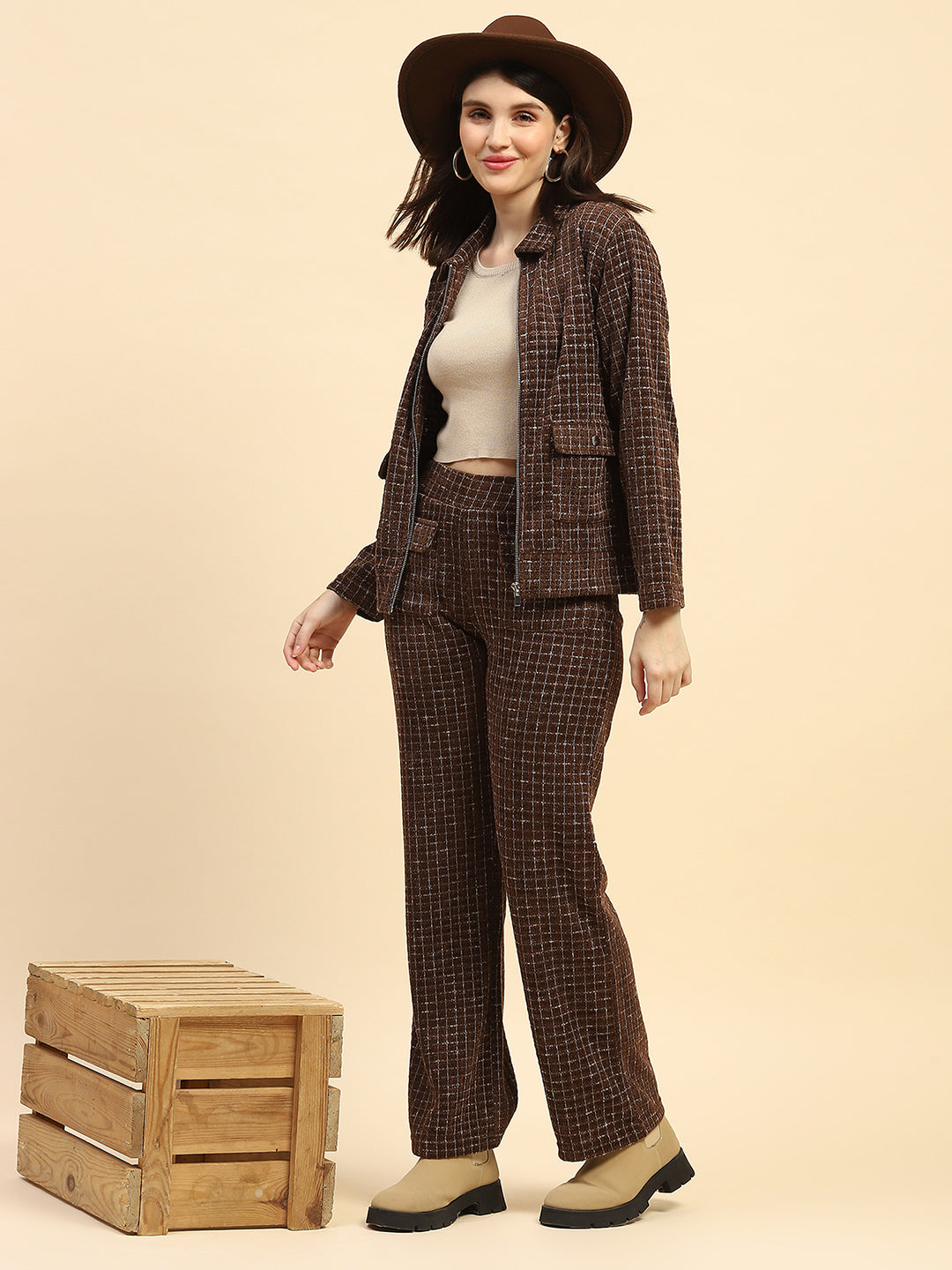 Coffee Checkered Poly Blend Relaxed Fit Co ord Set