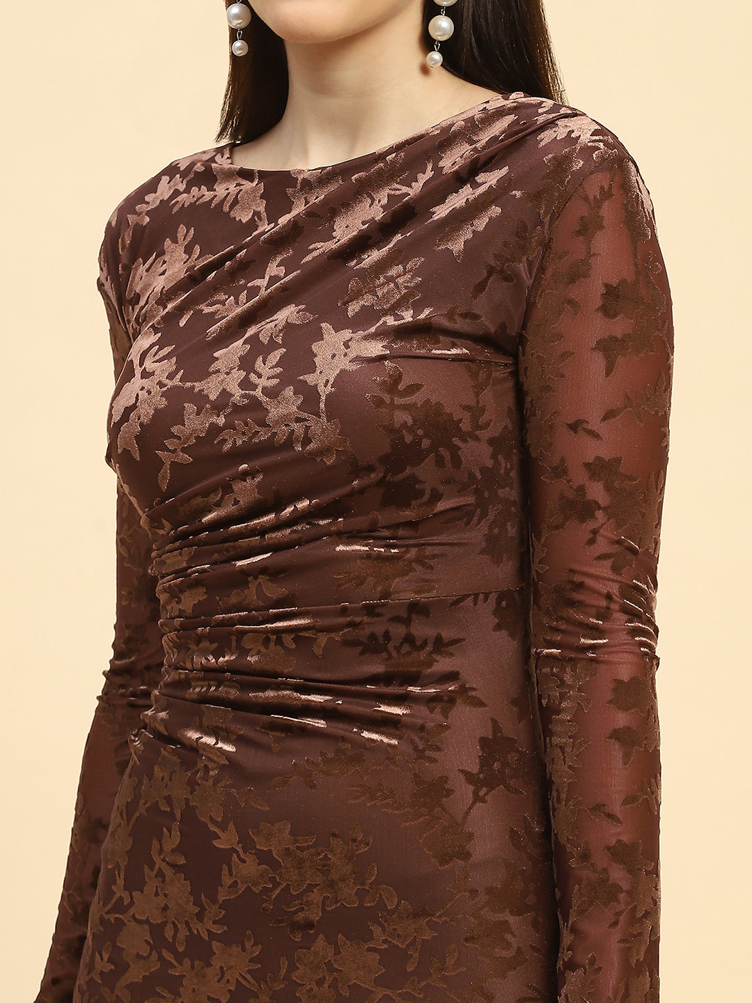 Brown Floral Embossed Poly Blend Slim Fit Bodycon Mini Dress