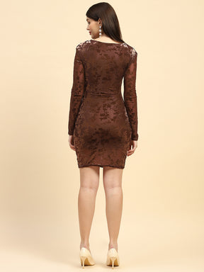 Brown Floral Embossed Poly Blend Slim Fit Bodycon Mini Dress