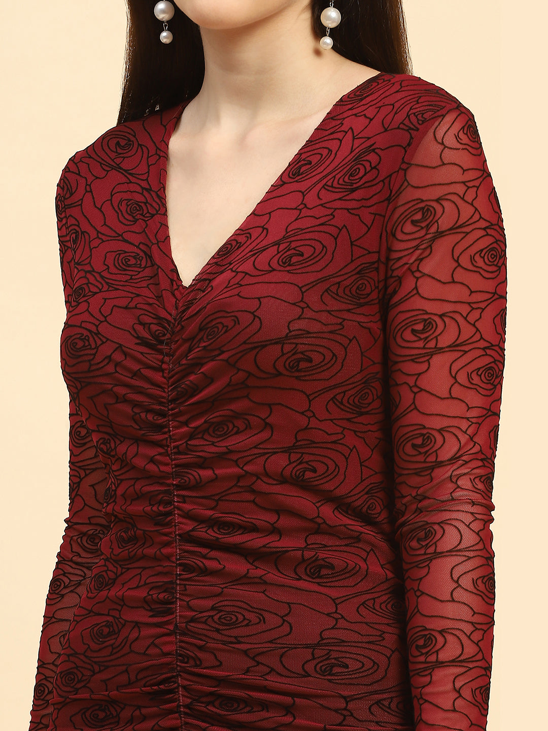 Wine Floral Polyester Blend Stretchable Slim Fit Dress