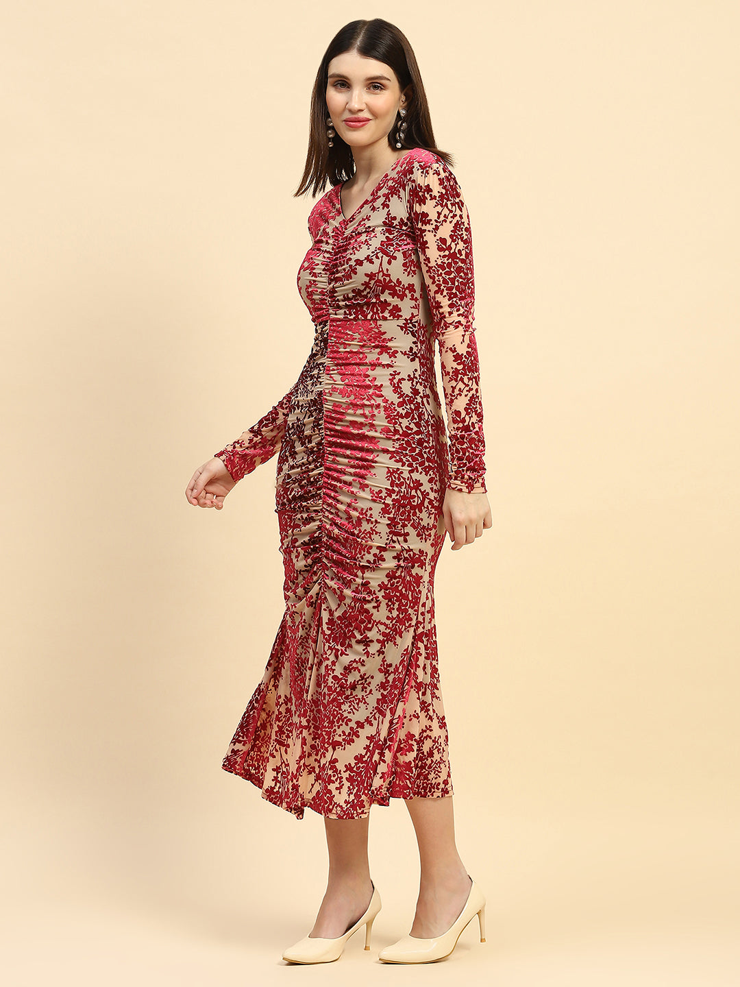 Maroon Floral Embossed Poly Blend Stretchable Slim Fit Ankle Length Dress