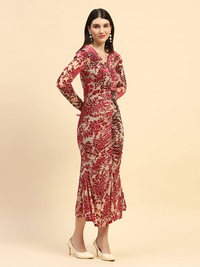 Maroon Floral Embossed Poly Blend Stretchable Slim Fit Ankle Length Dress