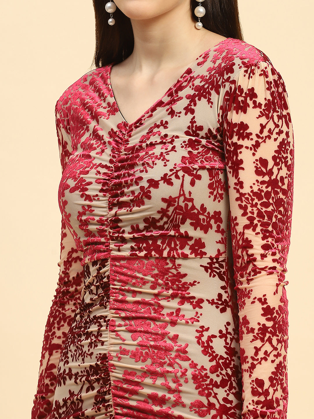 Maroon Floral Embossed Poly Blend Stretchable Slim Fit Ankle Length Dress