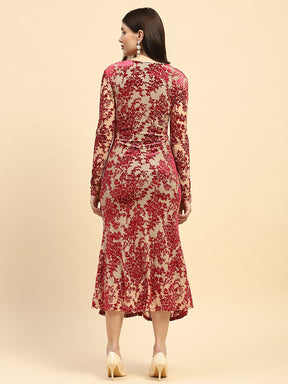 Maroon Floral Embossed Poly Blend Stretchable Slim Fit Ankle Length Dress