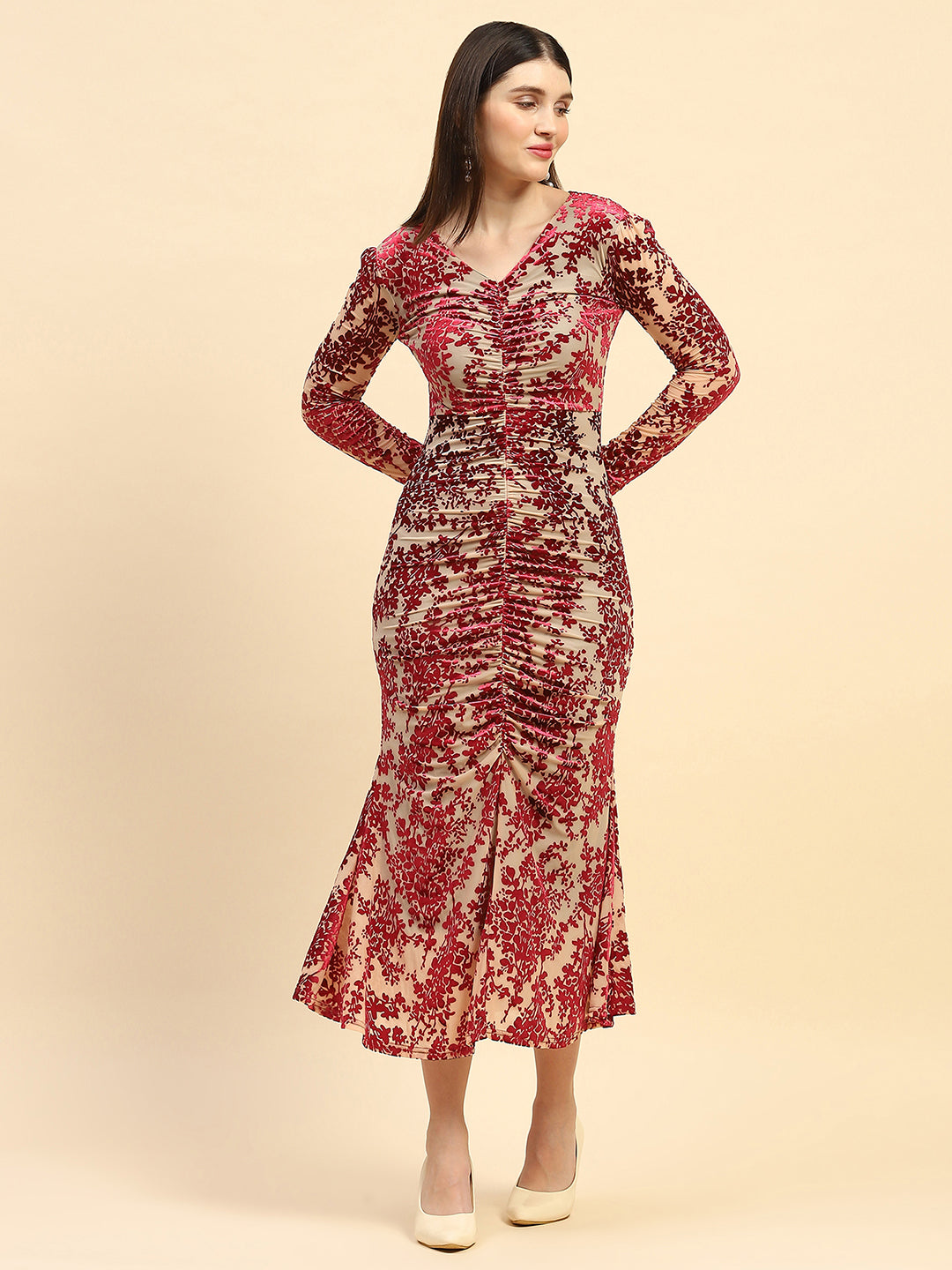 Maroon Floral Embossed Poly Blend Stretchable Slim Fit Ankle Length Dress