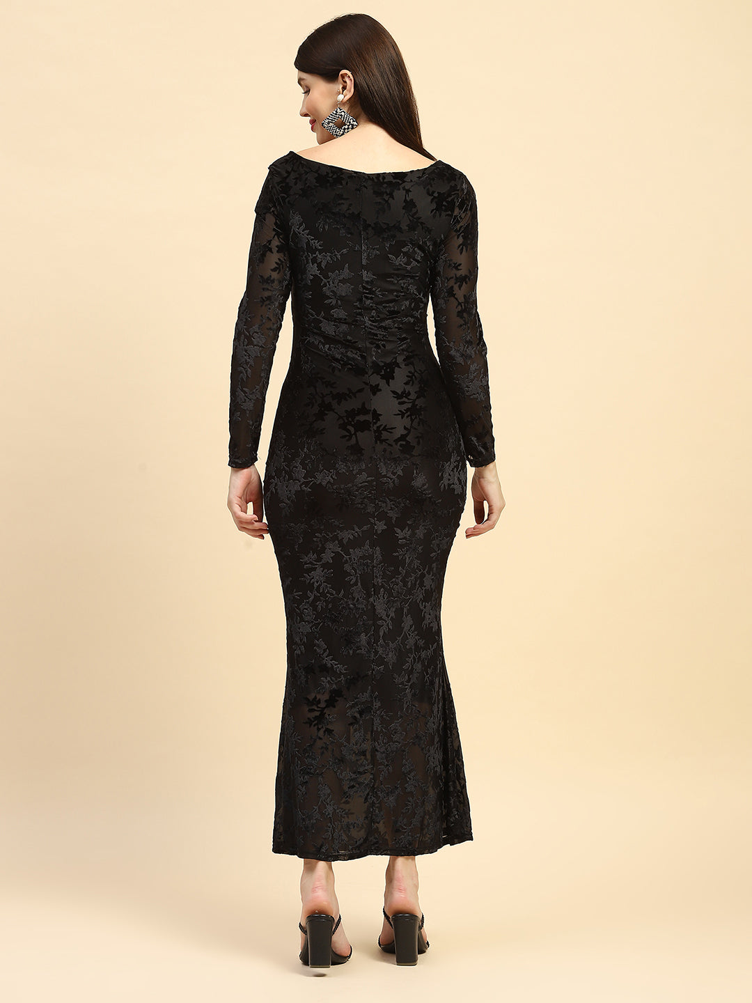 Black floral texture Poly Blend Slim Fit Dress