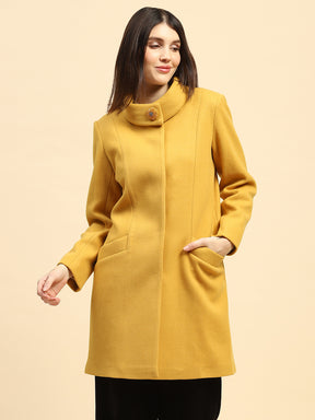 Mustard Solid Poly Blend Relaxed Fit Long Coat