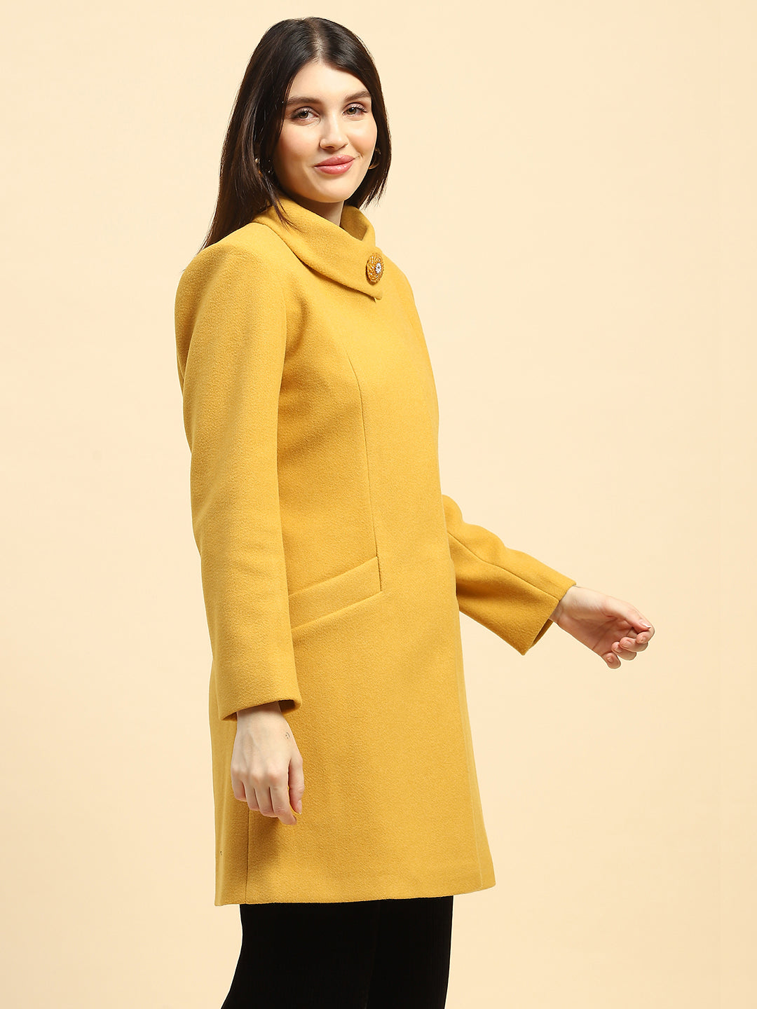 Mustard Solid Poly Blend Relaxed Fit Long Coat