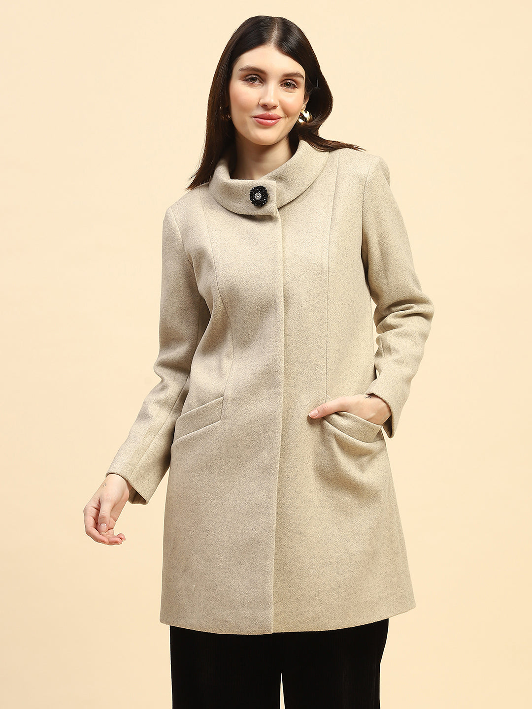 Beige Melange Solid Poly Blend Relaxed Fit Long Coat