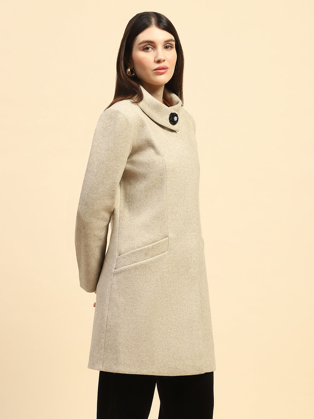 Beige Melange Solid Poly Blend Relaxed Fit Long Coat