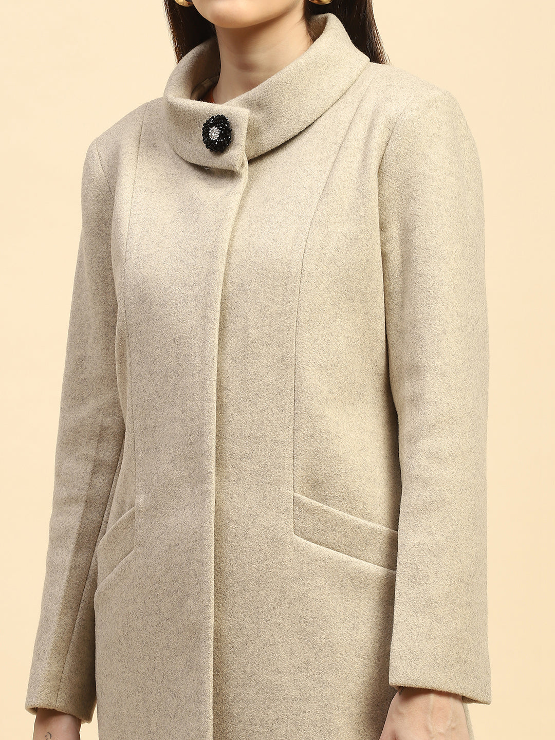 Beige Melange Solid Poly Blend Relaxed Fit Long Coat