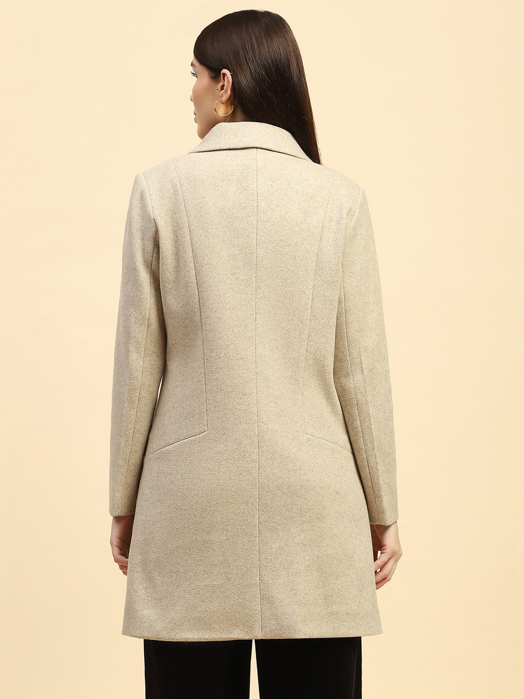 Beige Melange Solid Poly Blend Relaxed Fit Long Coat