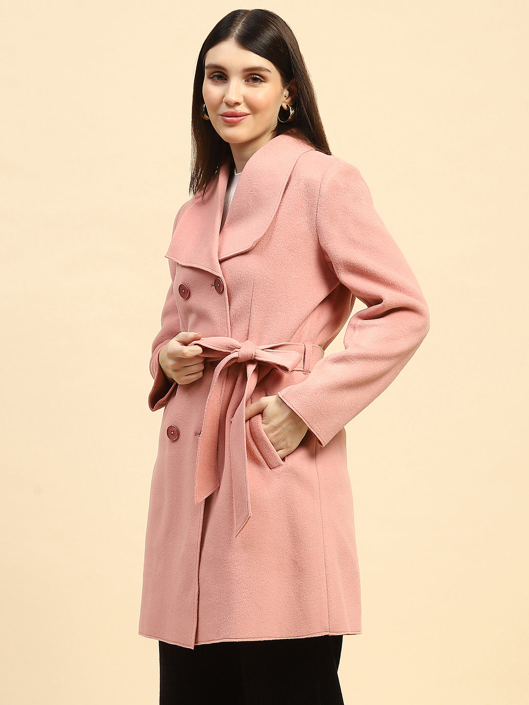 Dusty Pink Solid Poly Viscose Relaxed Fit Coat