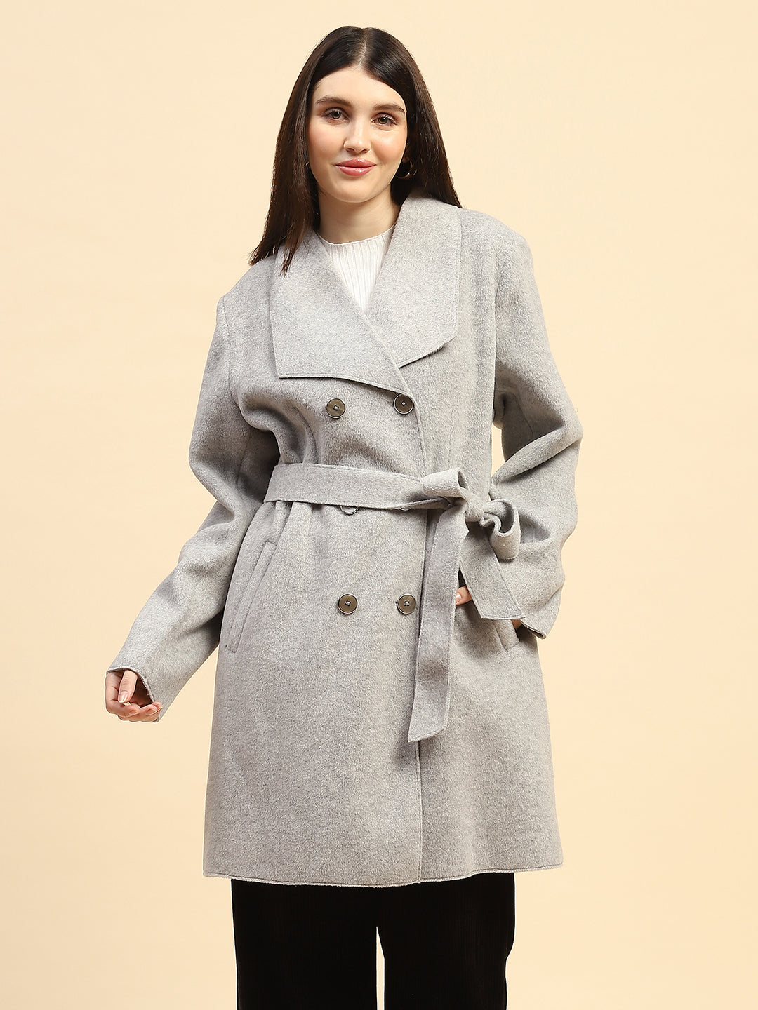 Grey Melange Solid Poly Viscose Relaxed Fit Long Coat