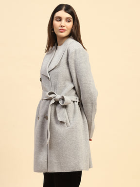 Grey Melange Solid Poly Viscose Relaxed Fit Long Coat