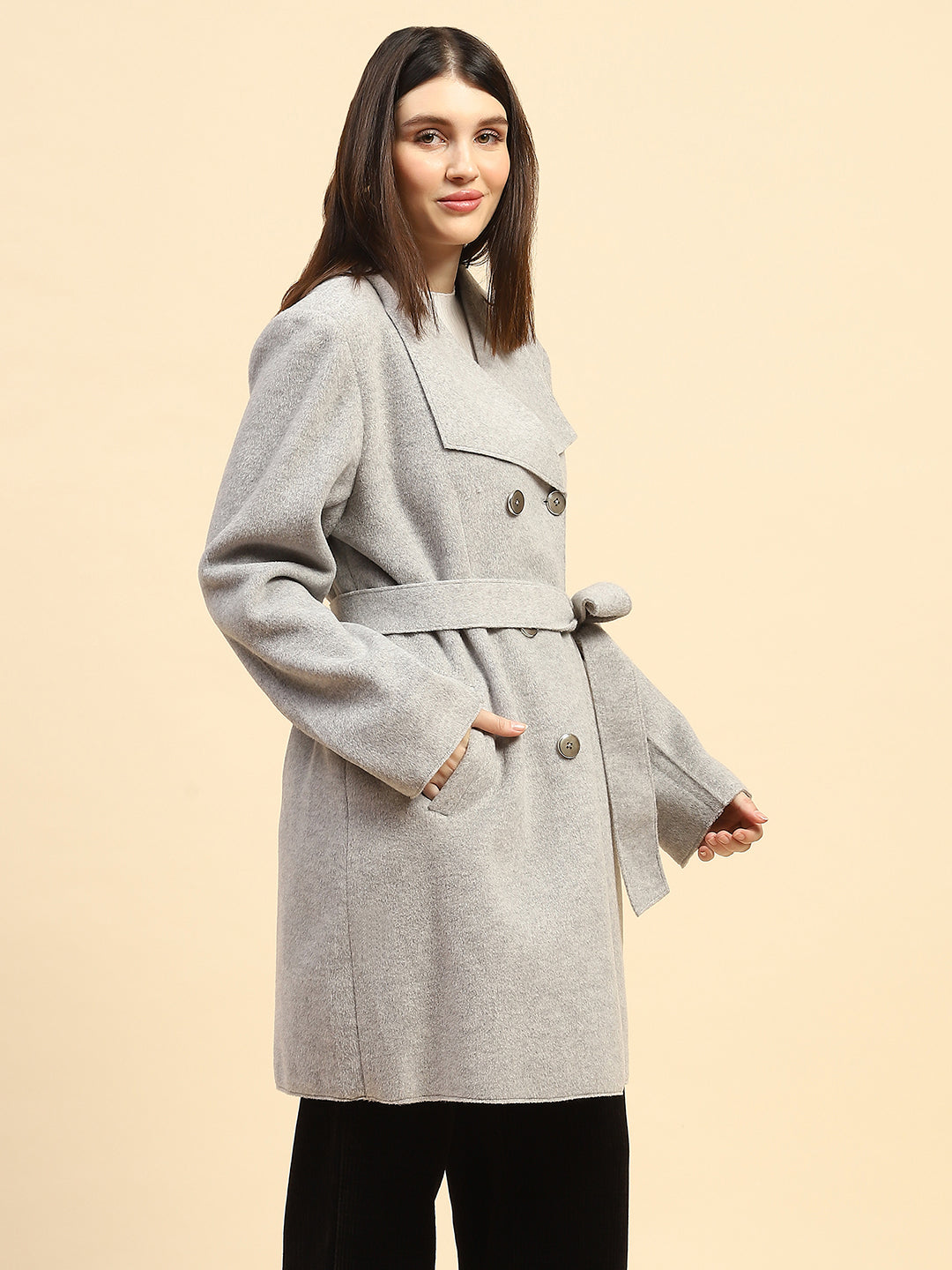 Grey Melange Solid Poly Viscose Relaxed Fit Long Coat