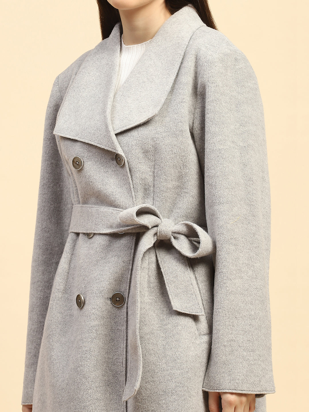 Grey Melange Solid Poly Viscose Relaxed Fit Long Coat