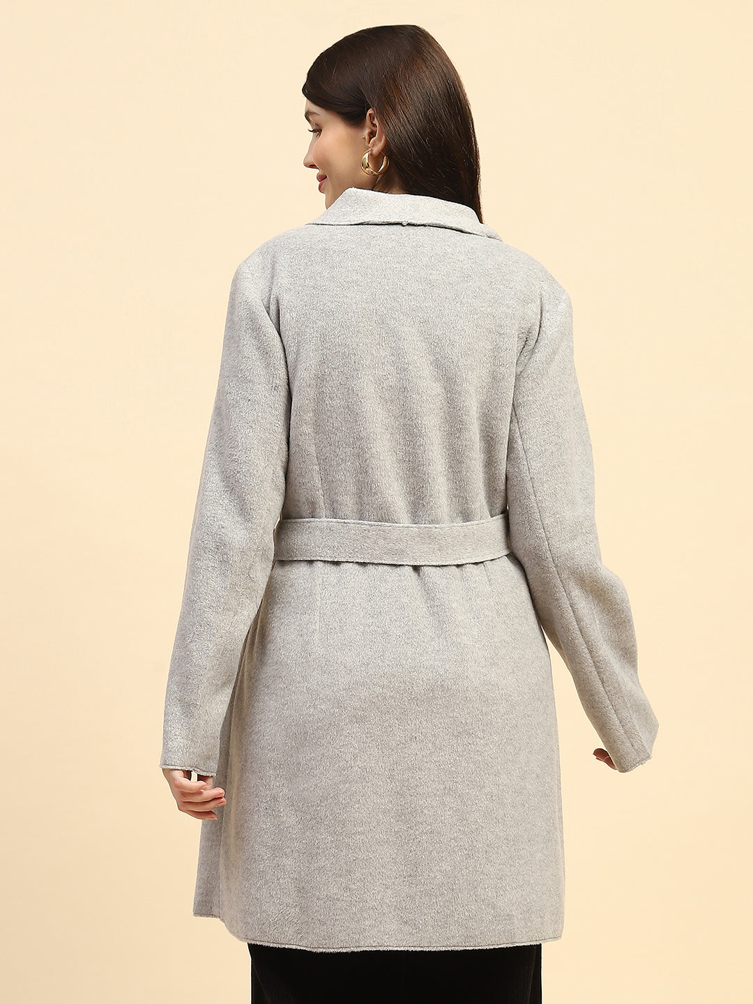 Grey Melange Solid Poly Viscose Relaxed Fit Long Coat