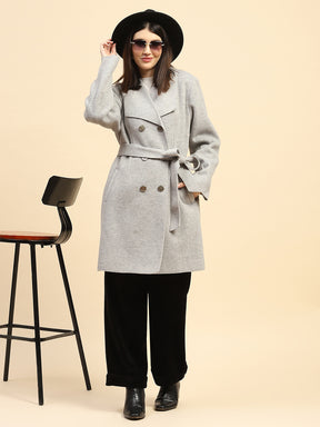 Grey Melange Solid Poly Viscose Relaxed Fit Long Coat